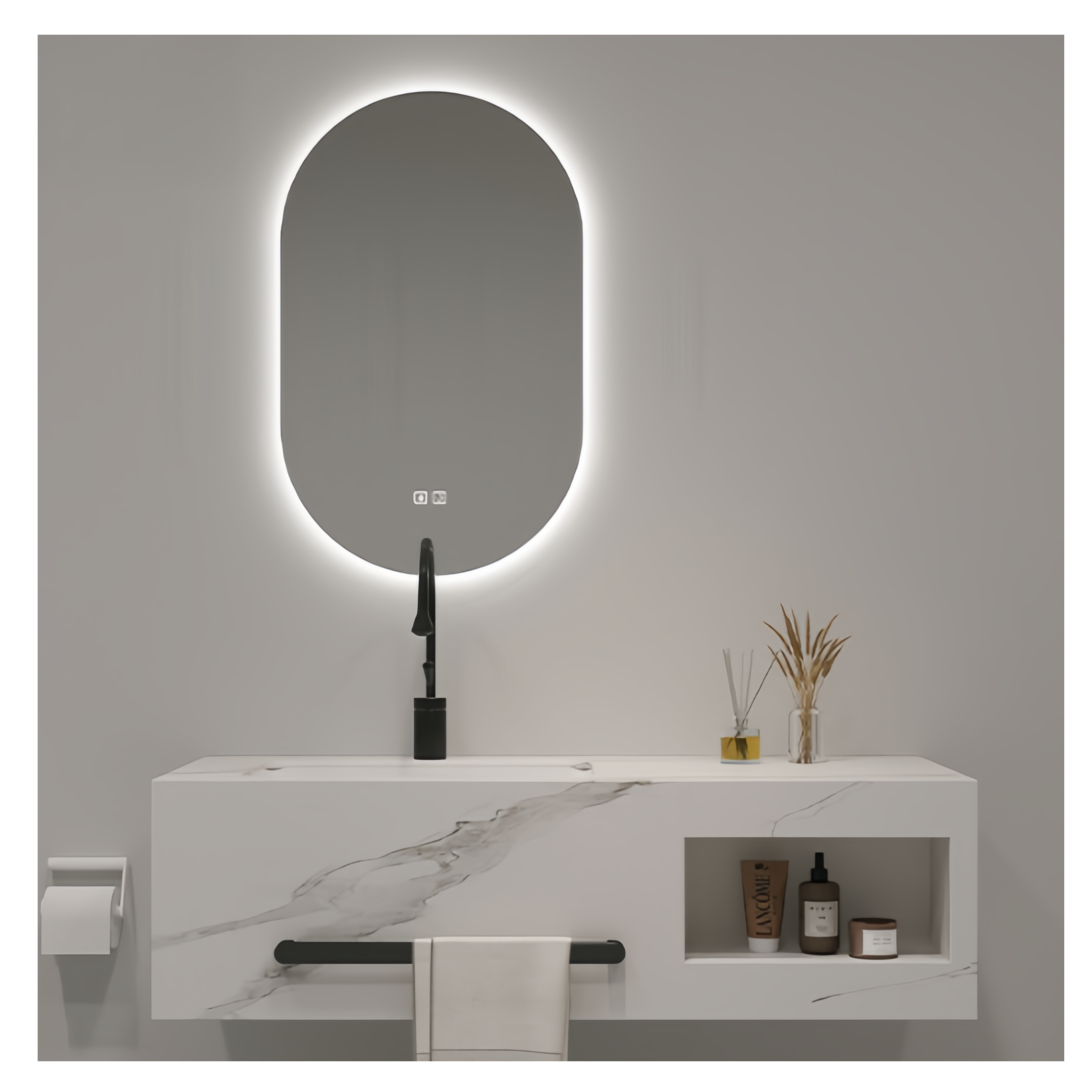 Bathroom Countertop Organizer with White Ceramic Basin and SLABS/SINTERSTONE Material