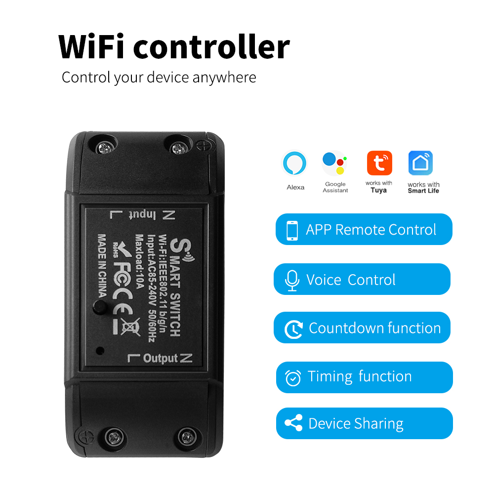 Tuya Alexa Timer Smart Switch 10A Relay Module Work Remote Smart Switch support google Alexa voice control easy install