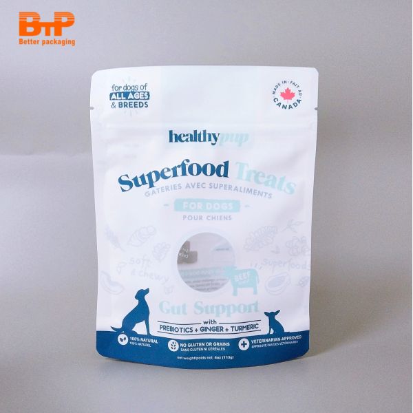 MOQ 100 Customized Logo Digital Printing Free Design by AI Stand up Bag with Window and Zipper for Packing Dog Food, Pet Food