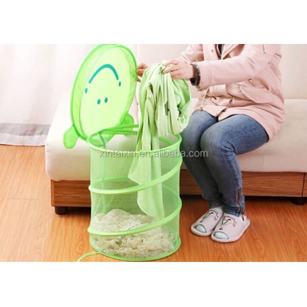 Bathroom Mesh Popup Polyester Foldable Laundry Basket With Cover