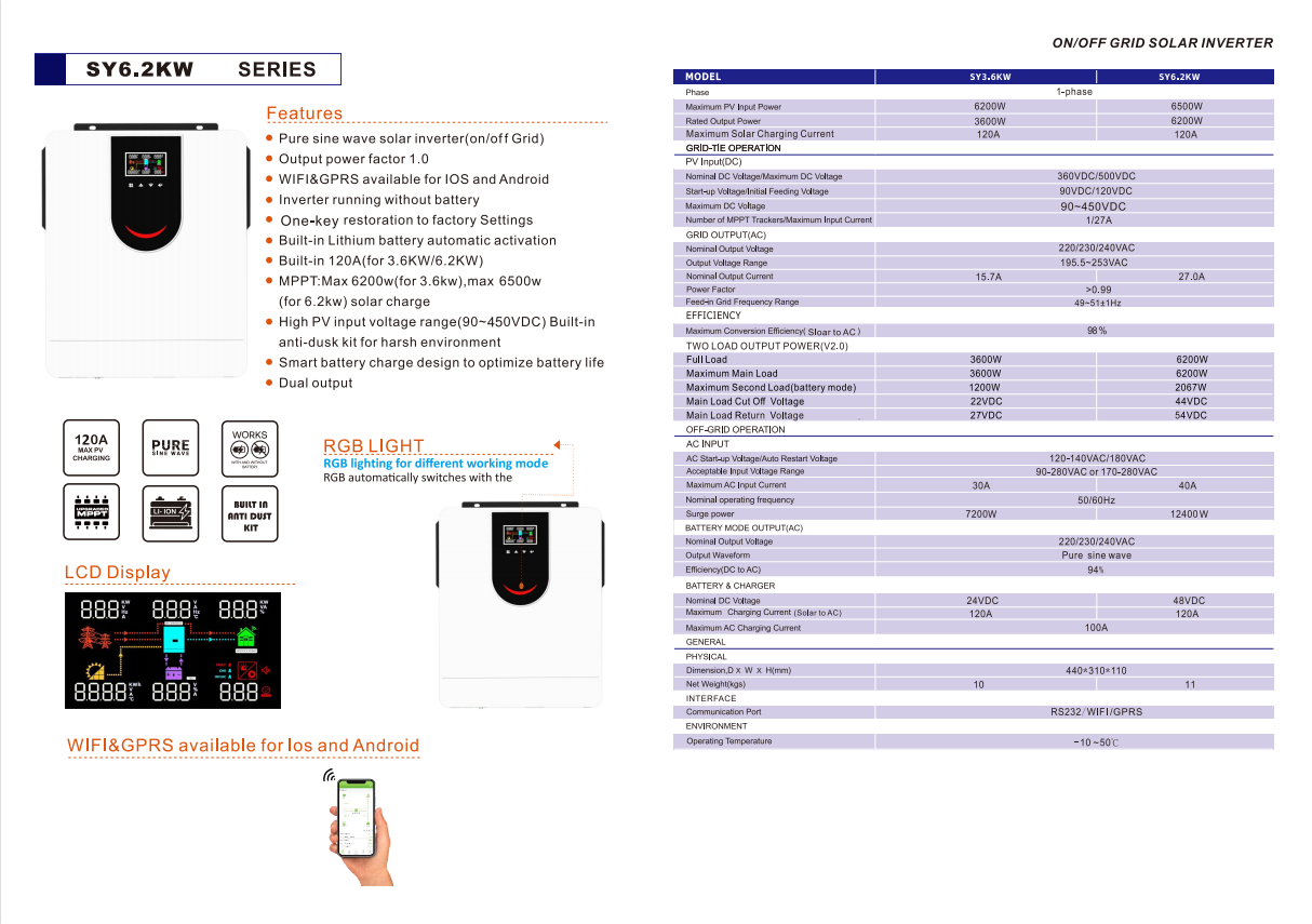 10Kw Solar Inverter On Off Grid Hybrid Solar Hybrid Inverter 3 Phase 8Kw 10Kw Home Use Solar Hybrid Inverter Battery Pack Bms