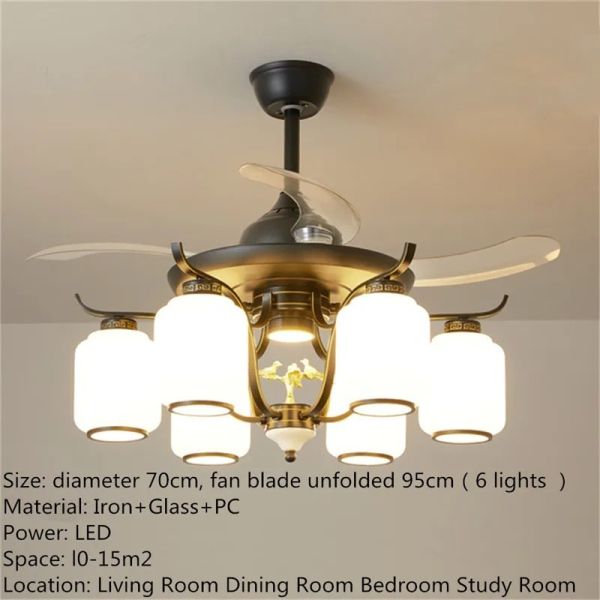 Retractable Blade Modern Folding Fan Light Remote Control Chandelier LED Invisible Ceiling Fan Crystal Light (WH-VLL-29)