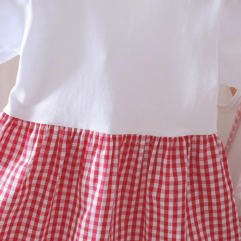 Black White Plaid Children'S Dress Clothing Round Neck Short Sleeve Dress With Bowknot