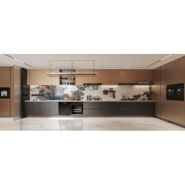 Dark Gray Stainless Steel Kitchen Cabinets with Island Layout