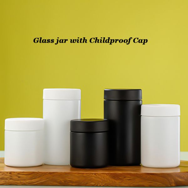 Logo/Graphic Design Borosilicate Glass Round Storage Jars with Childproof Cap in Black Matte and White Matte