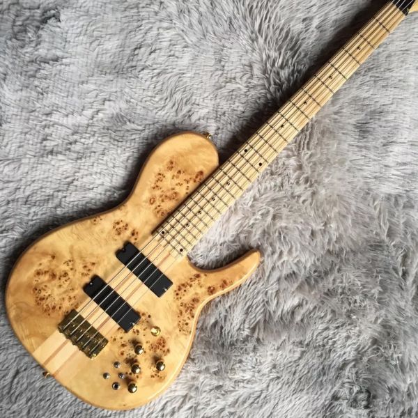 Custom 5 Strings Neck Through Body Burl Maple Top Electric Bass Guitar