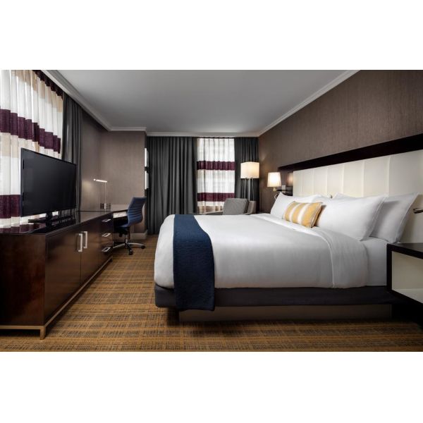 Hotel Standard Double Room Interior design of Furniture in Fabric upholstered headboard and Leather Bed with TV cabinet