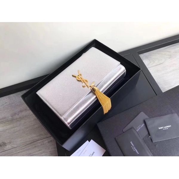 Adjustable Straps Polyester Saint Laurent YSL Woc Bag With Zipper Closure Silver