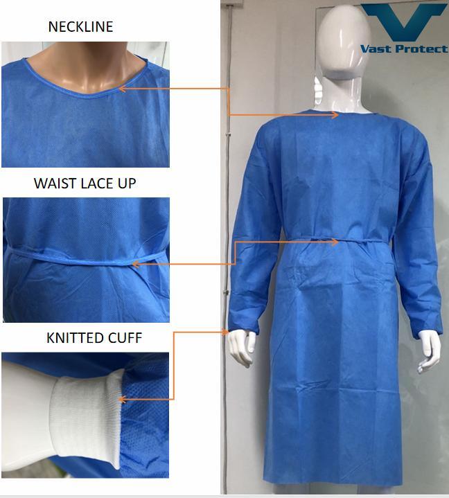 Cheap Disposable Medical Supplies Fluid Resistant Non-Sterile SMS Isolation Gown