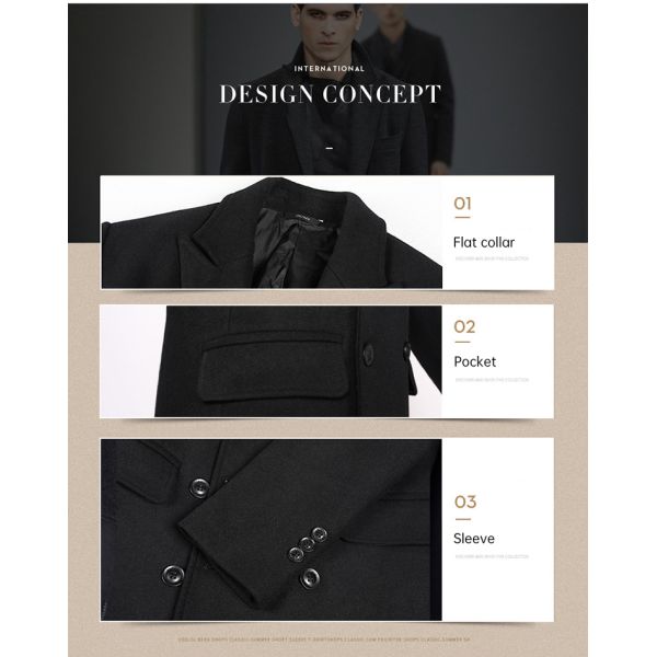 Business Casual Double-Breasted Men's Woolen Coat in Standard Thickness Canvas Fabric