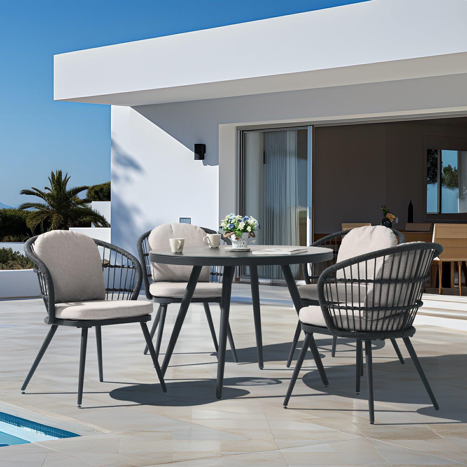 Courtyard Outdoor Dining Set with Round Tempered Glass Table and Rope Weave Armchair