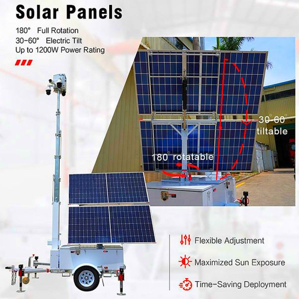 Robust Mobile Solar Light Tower with 14000 lm Light Output, 230Ah LFP Battery, and IP67 Rating for Parking Lot Safety