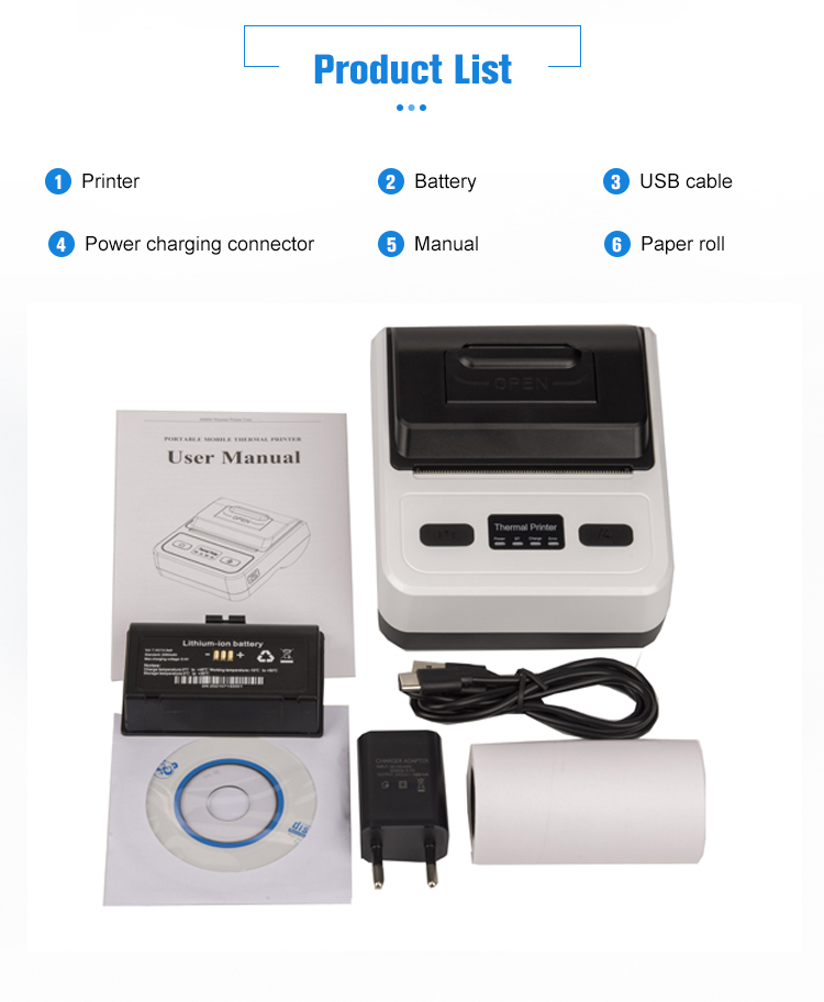 Power Adapter 7.4VDC/2000mA Wireless Thermal Printer with Bluetooth 80mm Max Paper Size